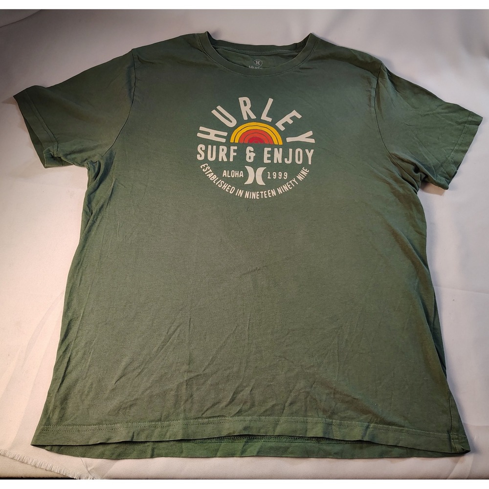 Hurley Men Surf & Enjoy Aloha 1999 Graphic Beach Skate T-Shirt Olive Green Large